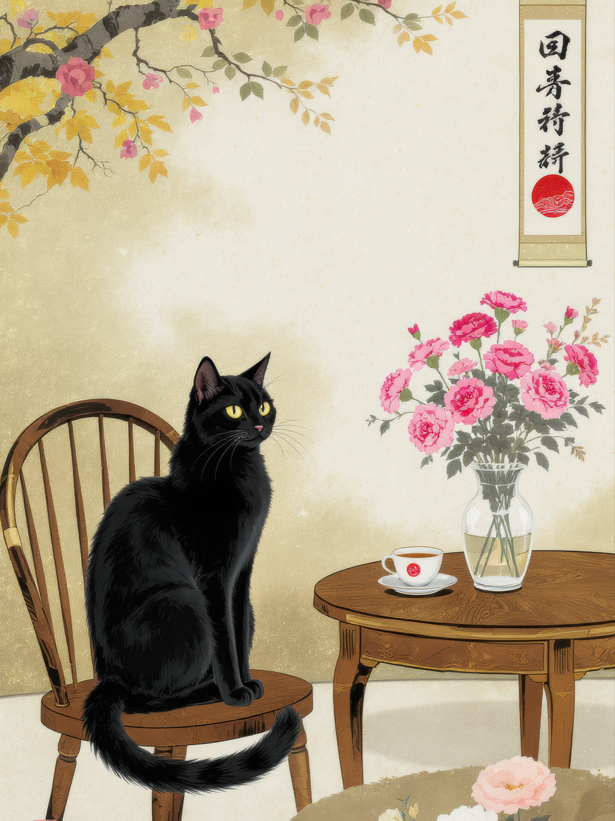 Black Cat Japanese Interior Cherry Blossoms