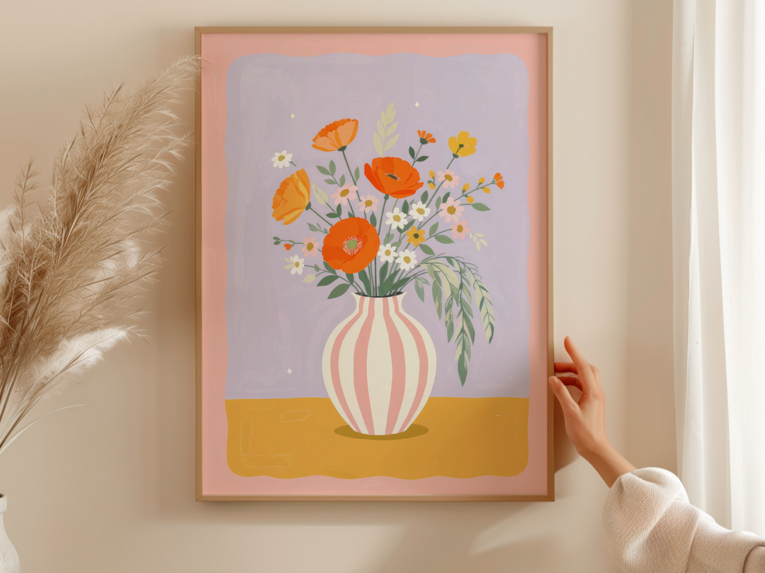 Orange Poppies Pink Striped Vase