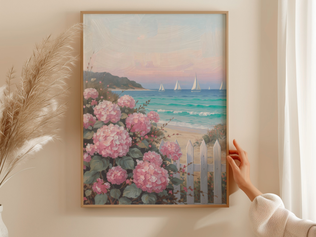 Pink Hydrangeas Sailboats Coastal