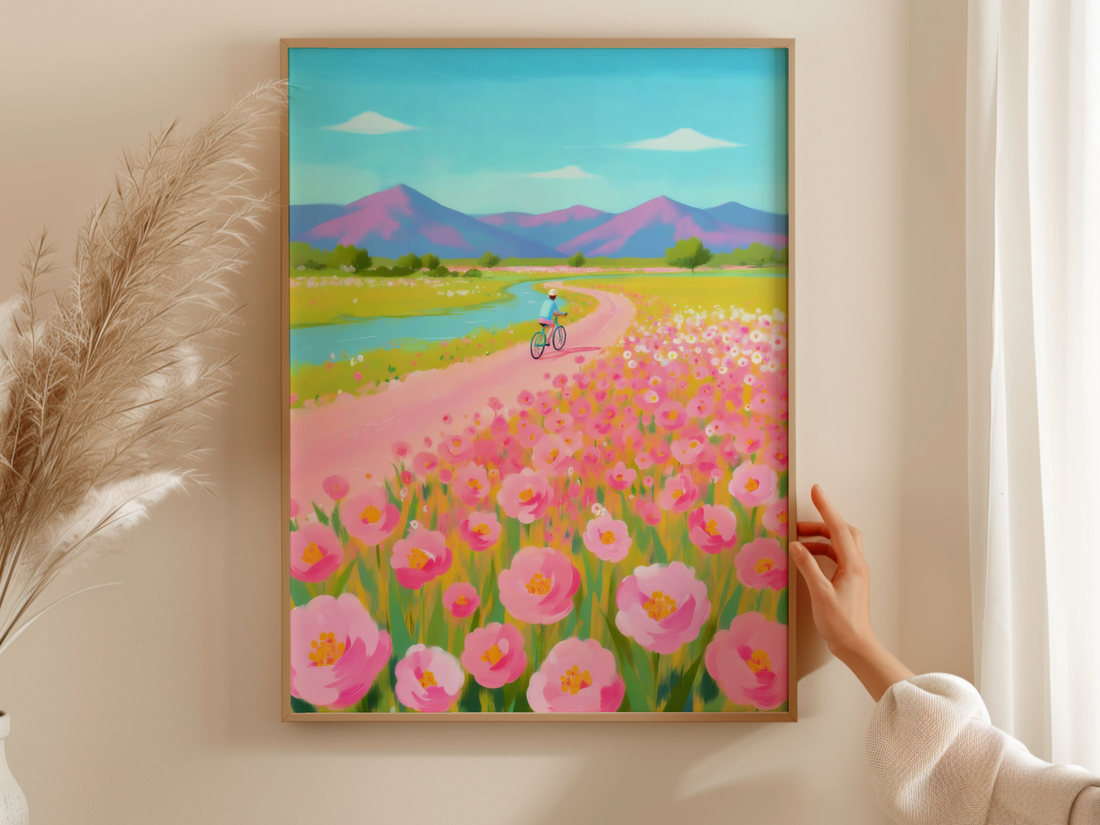 Pink Poppy Field Bicycle Mountain