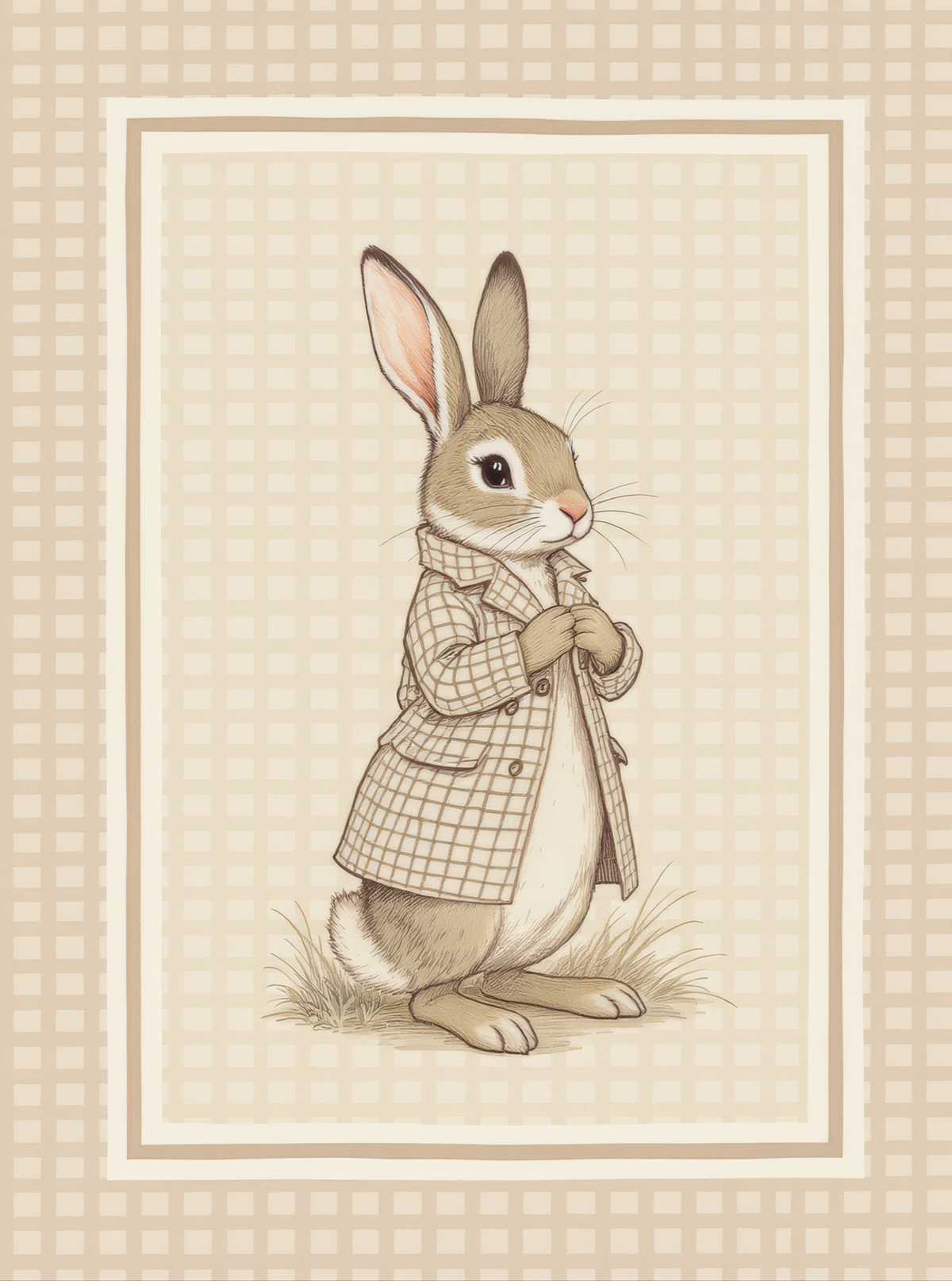 Rabbit Trench Coat Beige Gingham Art