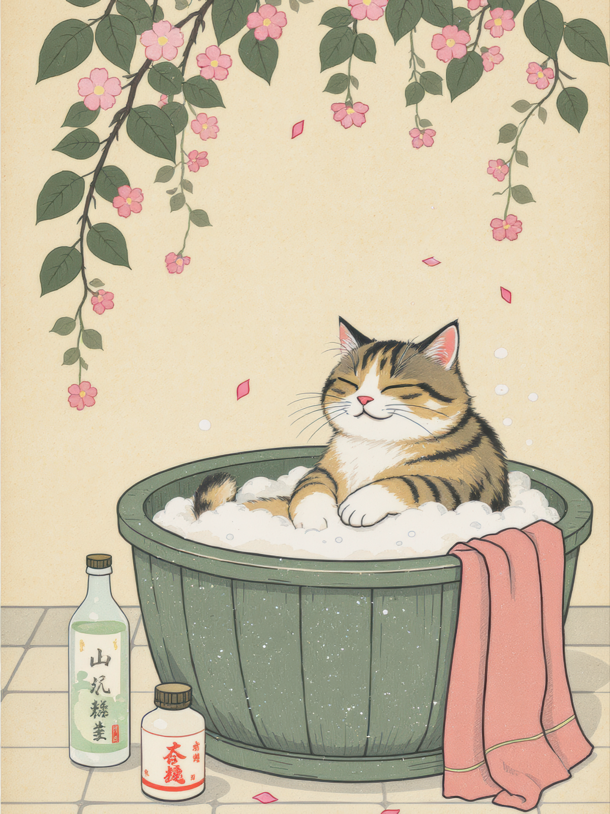 Tabby Cat Japanese Bath Cherry Blossoms