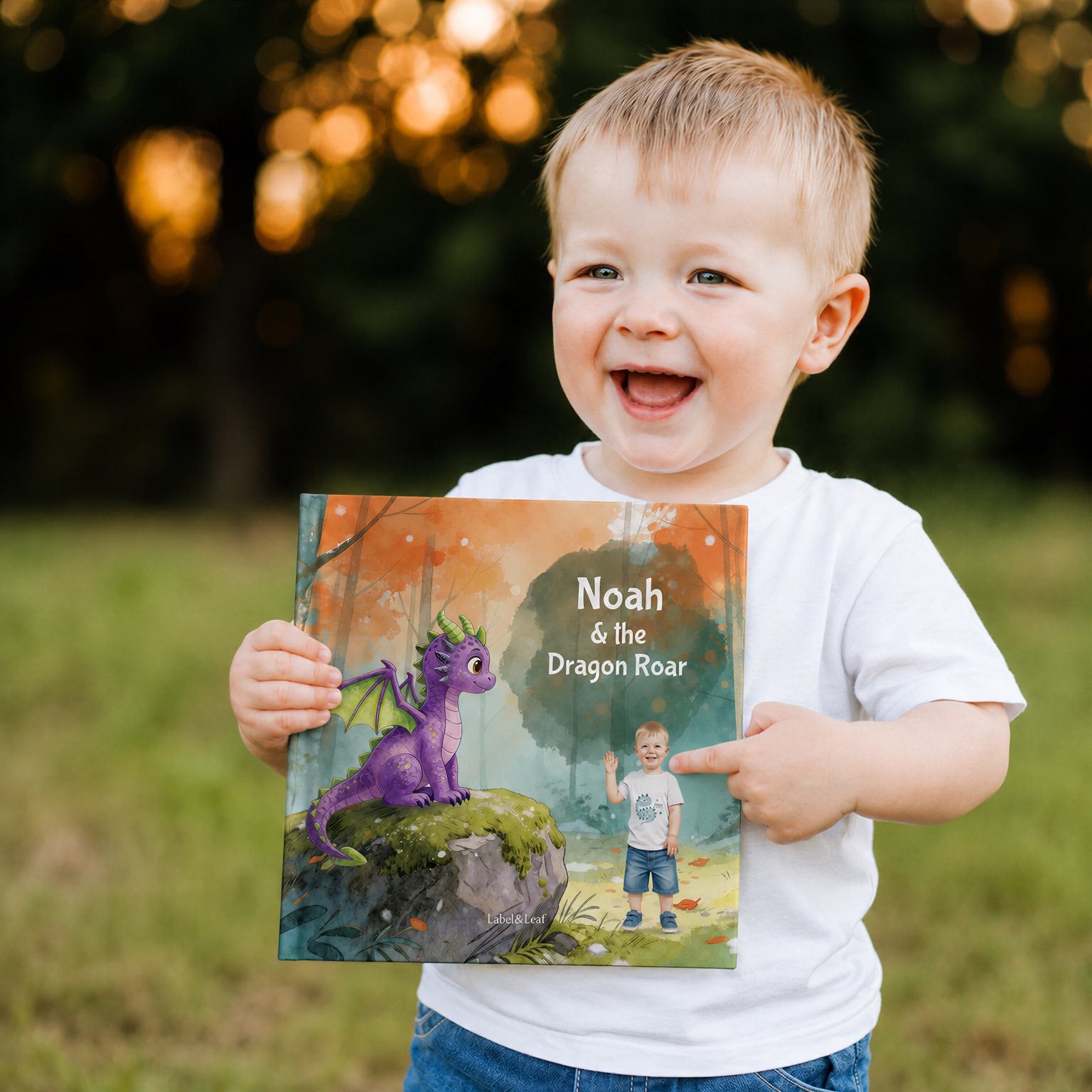 A laughing child pointing at himself on the cover of his personalised dragon storybook