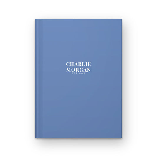 Personalised Classic Cornflower notebook cover with a name on the front