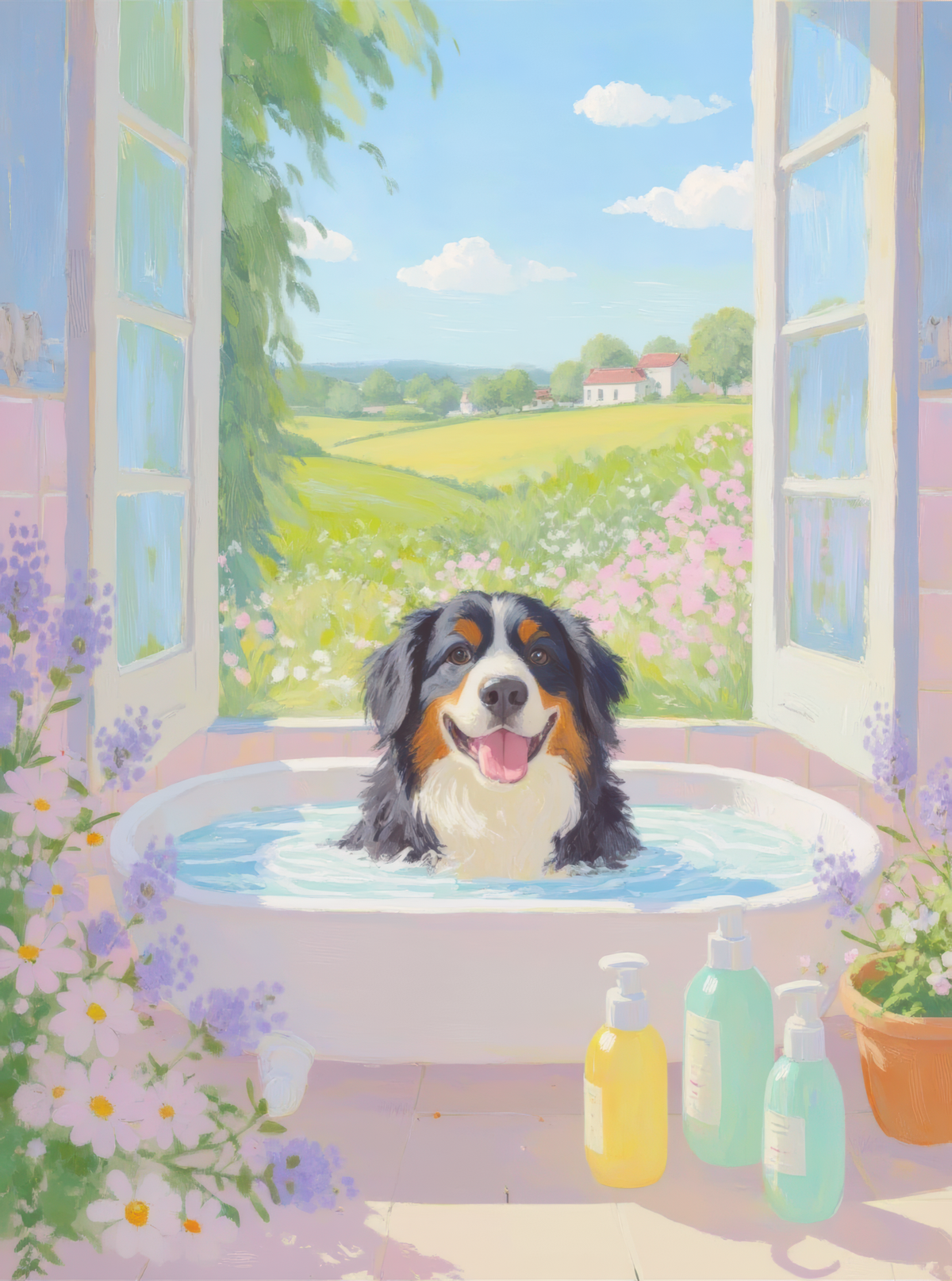 Bernese Dog Pink Bathtub Scene