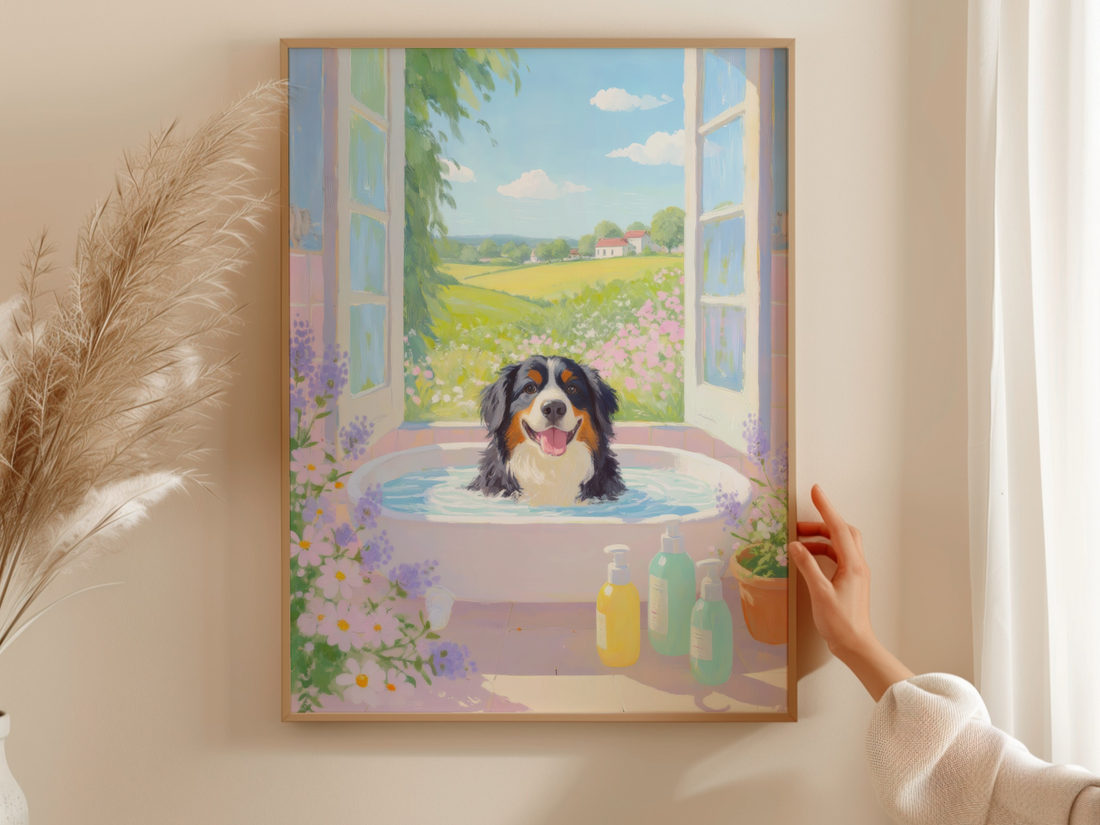 Bernese Dog Pink Bathtub Scene