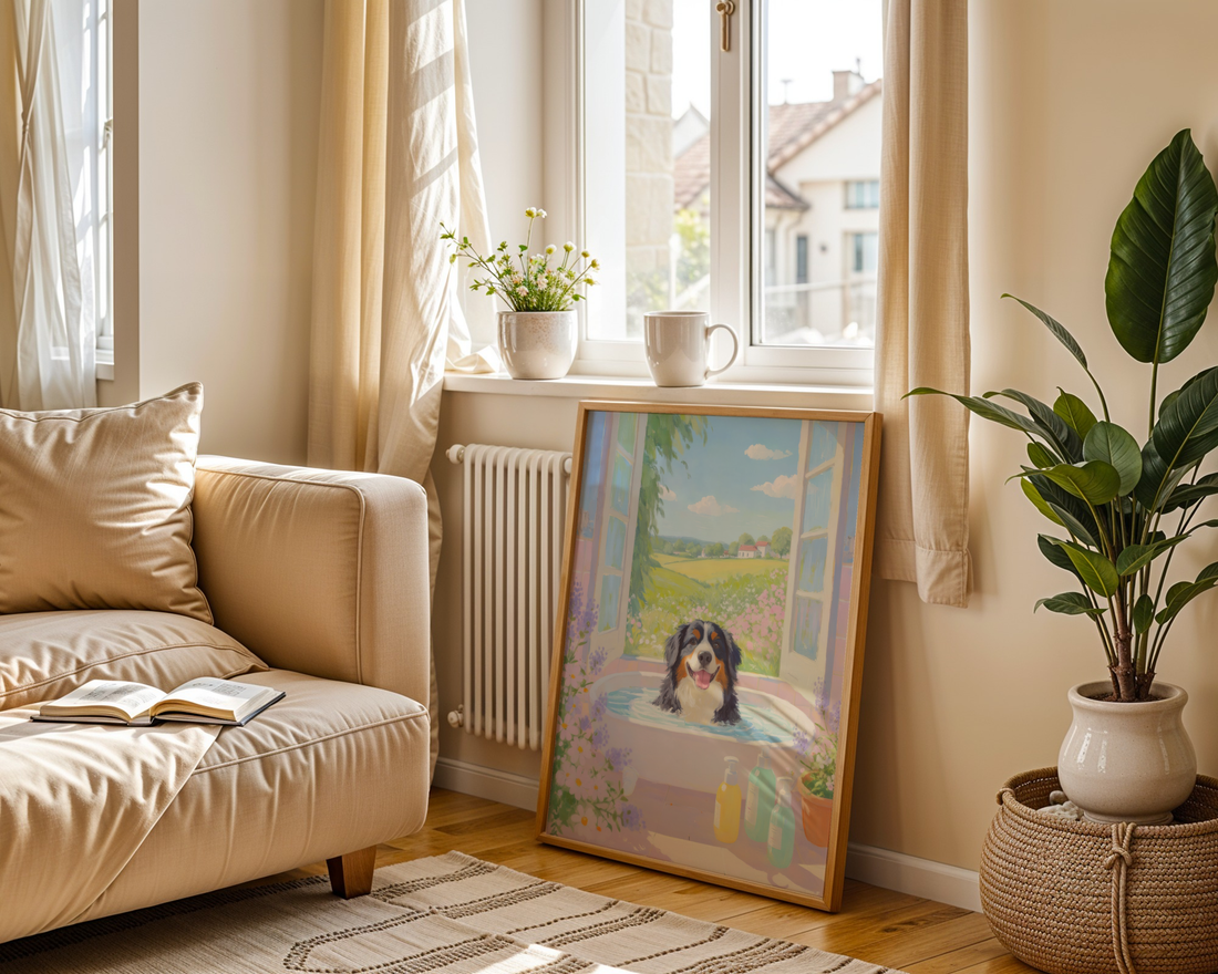 Bernese Dog Pink Bathtub Scene