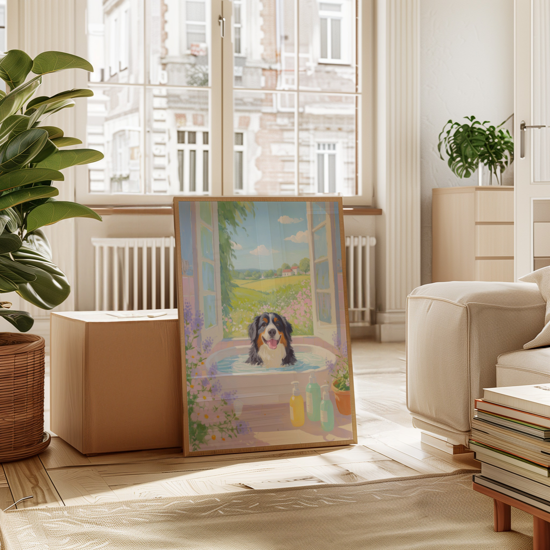 Bernese Dog Pink Bathtub Scene