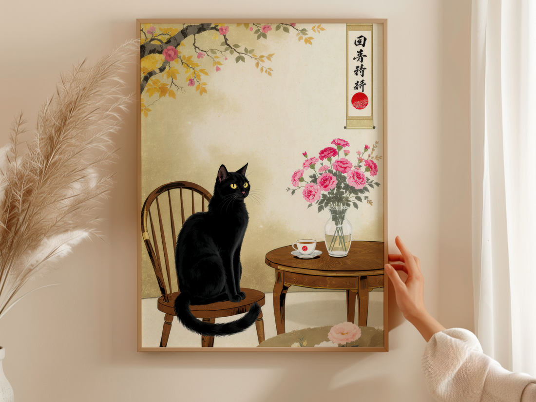 Black Cat Japanese Interior Cherry Blossoms