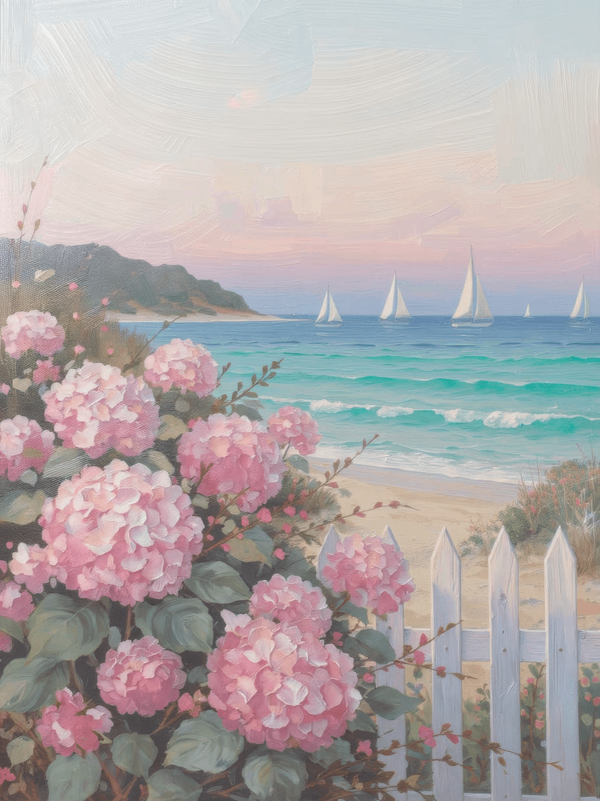 Pink Hydrangeas Sailboats Coastal