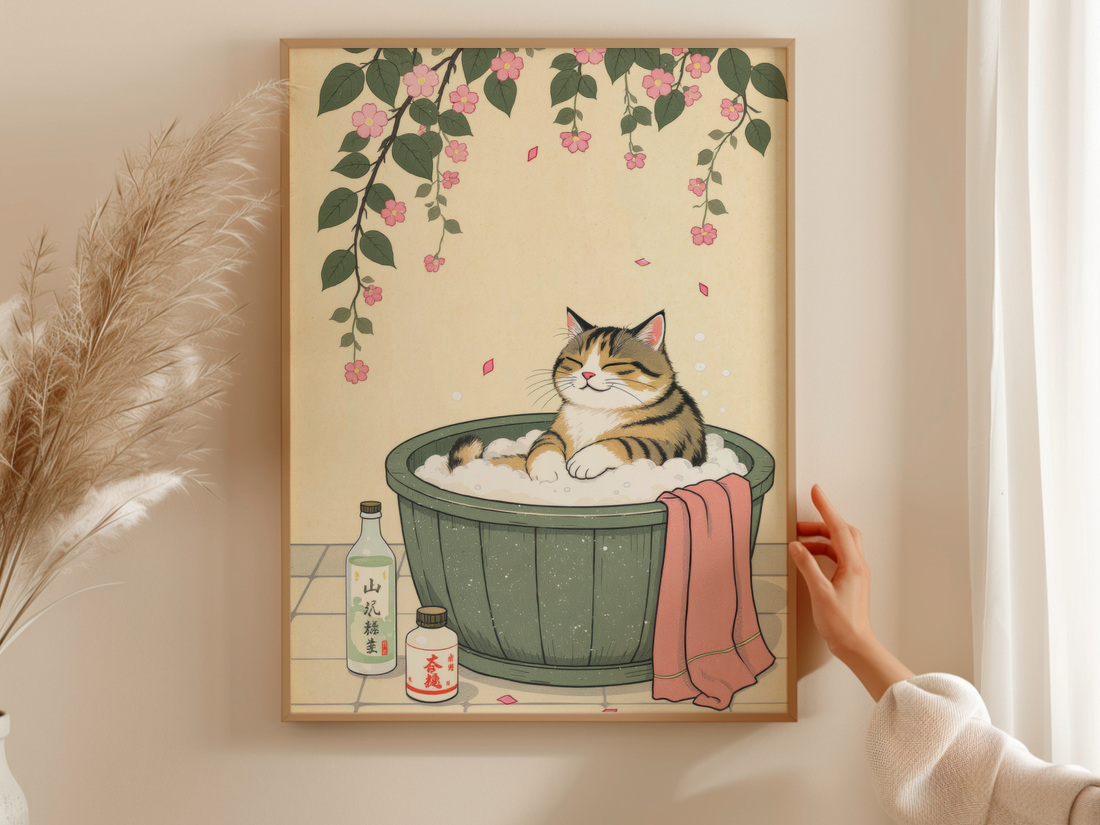 Tabby Cat Japanese Bath Cherry Blossoms
