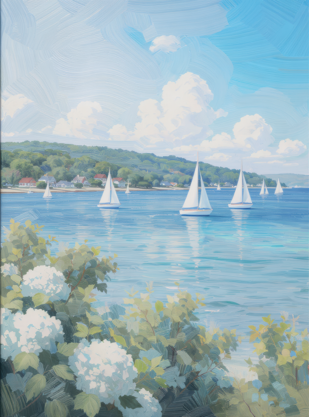 White Hydrangeas Sailboats Lake Scene