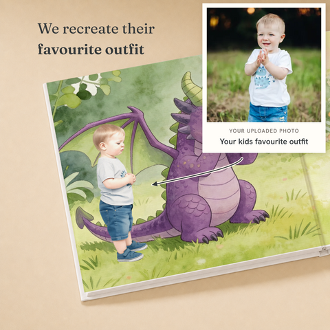 Dragon Roar — the child's outfit from the uploaded photo recreated in their storybook