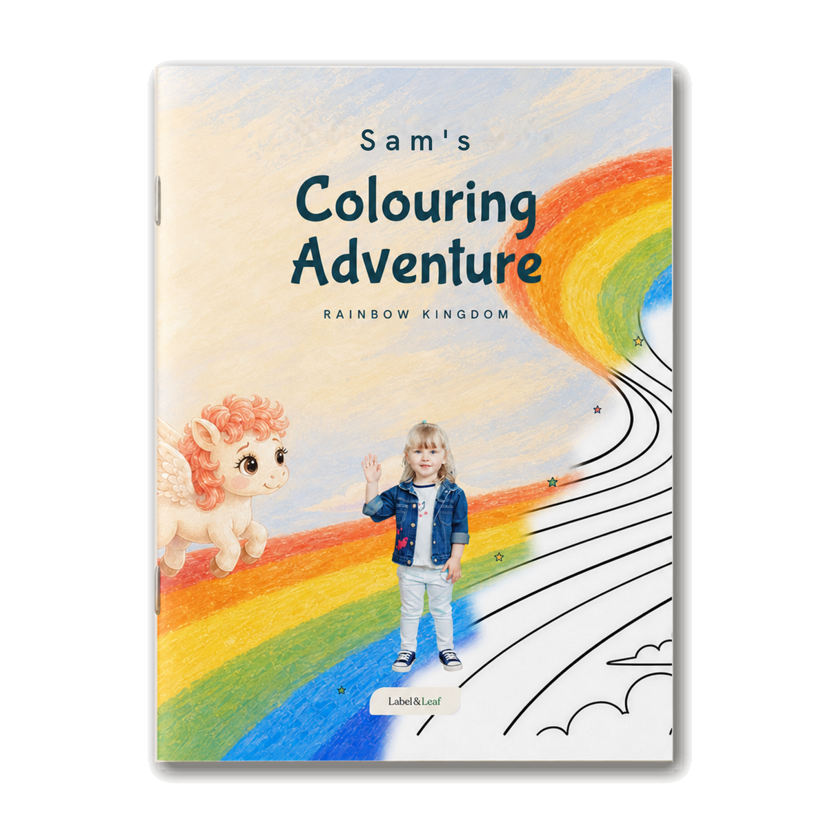 Rainbow Kingdom personalised stapled colouring book — front cover, transparent ground