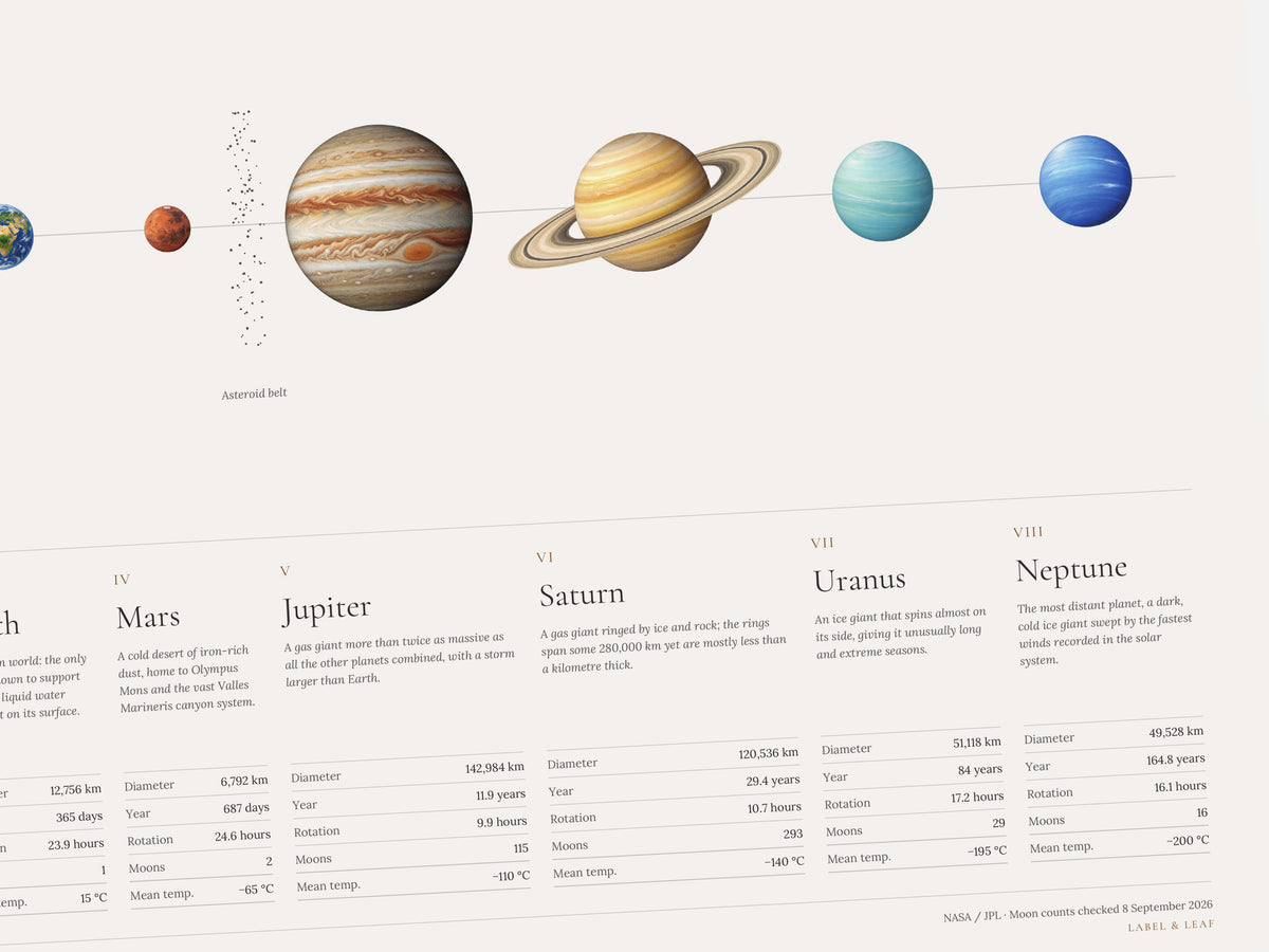 Classic solar system wall art close-up showing planet illustrations and printed facts