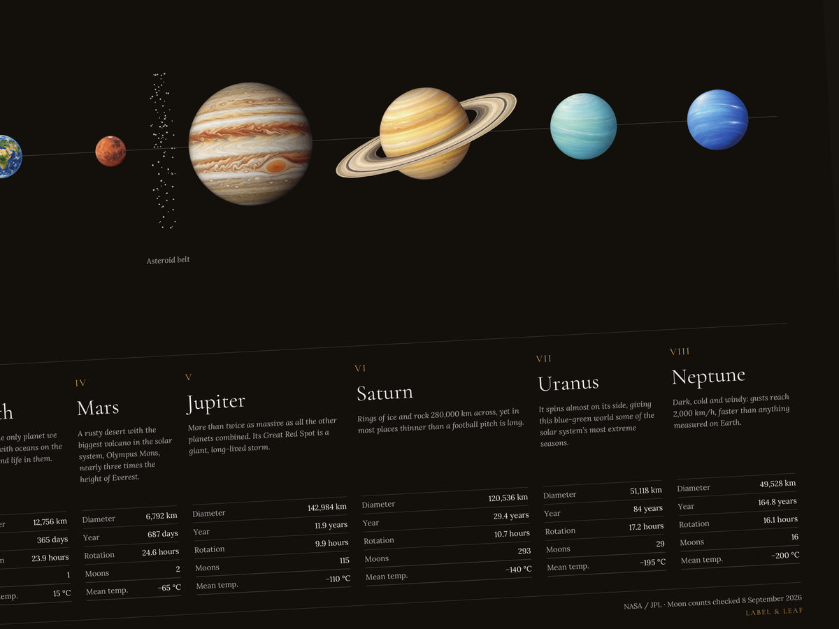Midnight solar system wall art close-up showing planet illustrations and printed facts