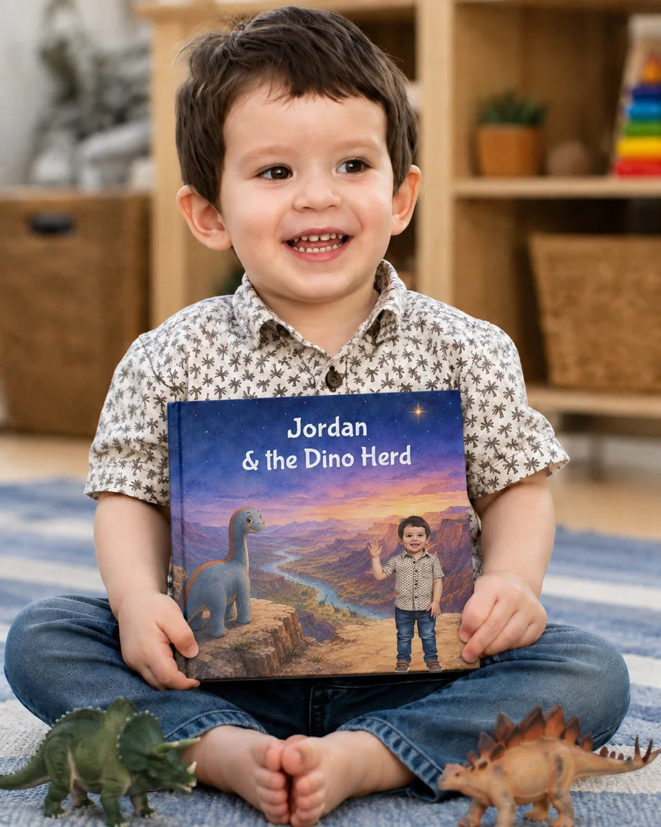 A child holding their personalized copy of Dino Herd